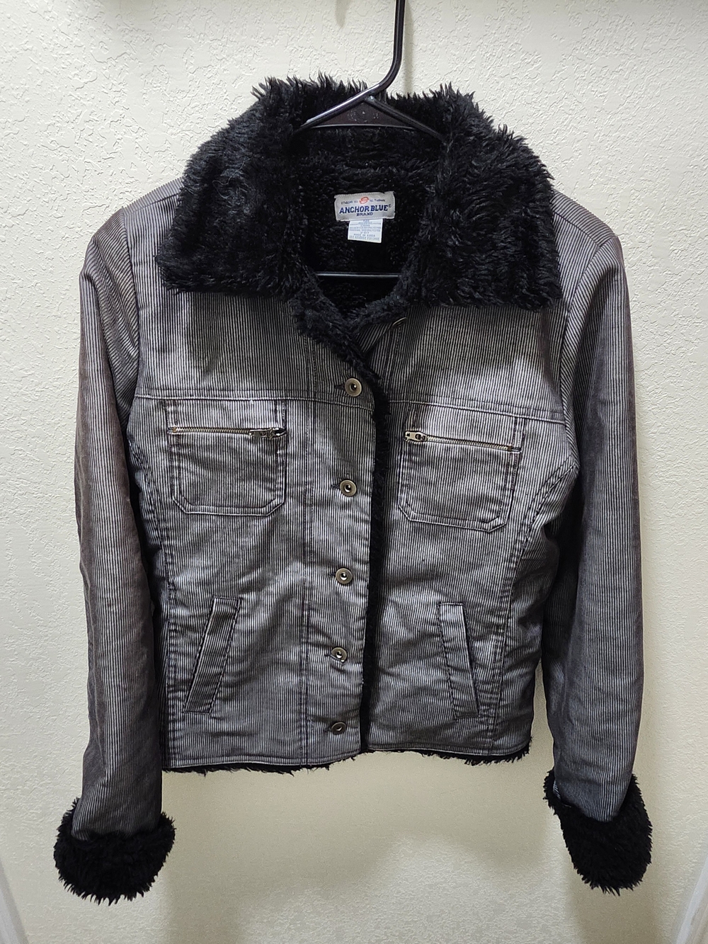 anchor blue Black Faux Fur-Trim Corduroy Jacket